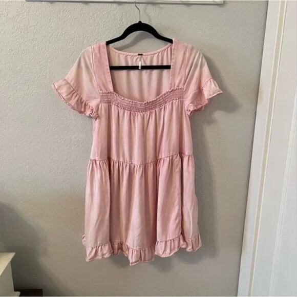 Free People Sadie Denim Tunic Mini Dress in Cotton Candy Pink - Picture 3 of 8